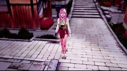 Playful Mitsuri Kanroji dancing and posing in skimpy dress without panties