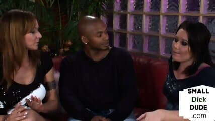 Brit femdoms humiliate black microdick in kinky threeway